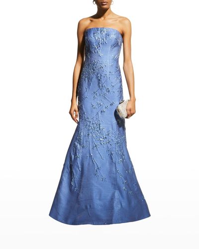 Rene Ruiz Strapless Floral Jacquard Bustier Gown - Blue