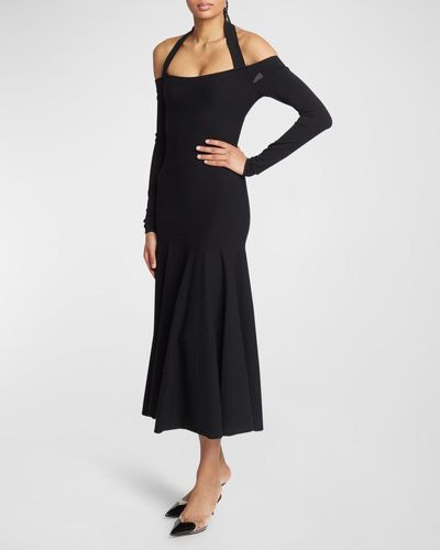 Alaïa Off-The-Shoulder Fit-&-Flare Halter Midi Dress - Black