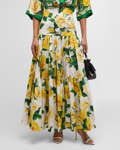 Dolce & Gabbana Rose-Print Tiered Maxi Skirt - Yellow
