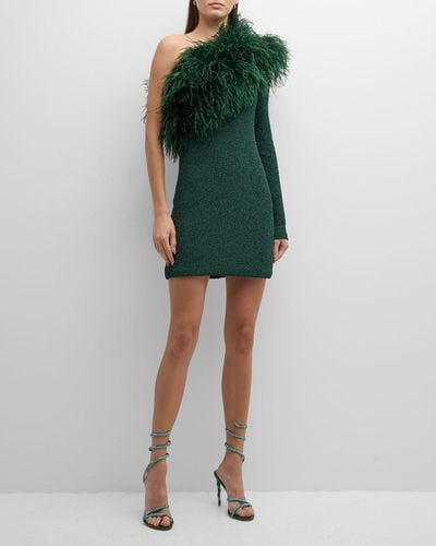 LAPOINTE Feather-Trim Textured Metallic Jersey One-Shoulder Mini Dress - Green