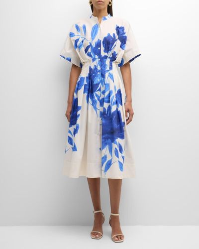 Natori Andora Pleated Floral-Print Poplin Midi Dress - Blue