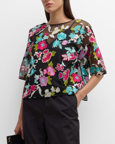 Natori Tangier Floral-Embroidered Tulle Blouse - Multicolor