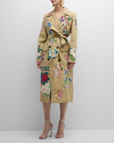 Libertine Hand Quilted Floral Trench Coat With Tie Belt - Multicolor