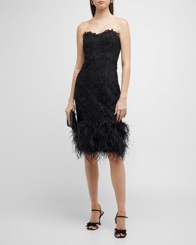 Badgley Mischka Strapless Feather-trim Lace Sheath Dress - Black