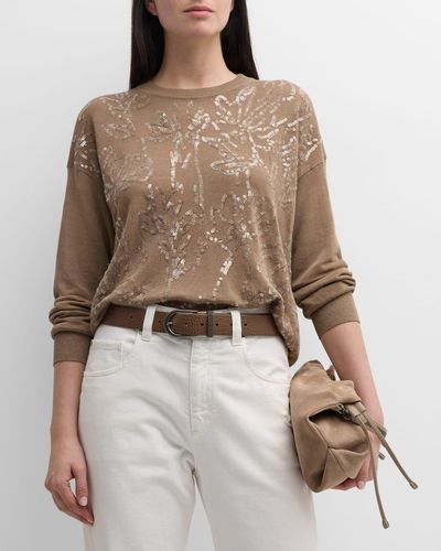 Brunello Cucinelli Linen Knit Sweater With Magnolia Paillette Embroidery - Brown