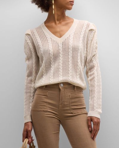 FRAME Pointelle Cashmere-Wool V-Neck Sweater - Natural