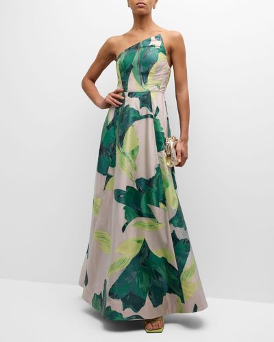MILLY Asymmetric Strapless Botanical Jacquard Gown - Green