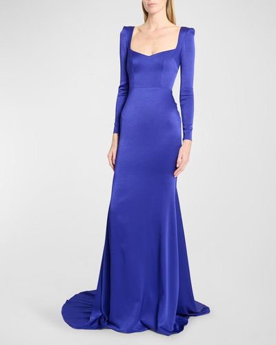 Alex Perry Satin Crepe Angled Portrait Long-Sleeve Gown - Blue