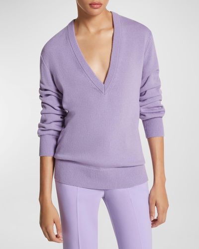 Michael Kors Ruched Sleeve Cashmere V-neck Sweater - Purple
