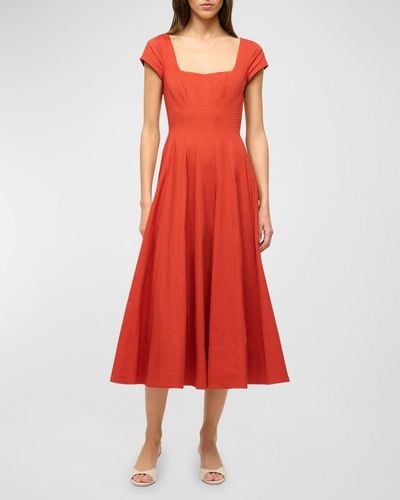 STAUD Wells Short-Sleeve Cotton Poplin Midi Dress - Red