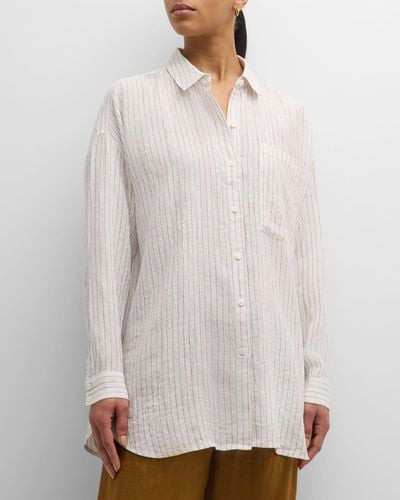 Eileen Fisher Crinkled Striped Organic Linen Shirt - White