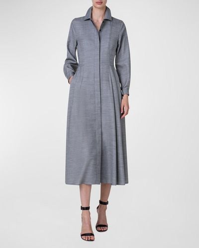 Akris Long-Sleeve Pleated Wool-Silk Midi Shirtdress - Blue