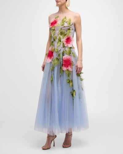 Oscar de la Renta Hibiscus Embroidered Organza Sleeveless Gown - Blue
