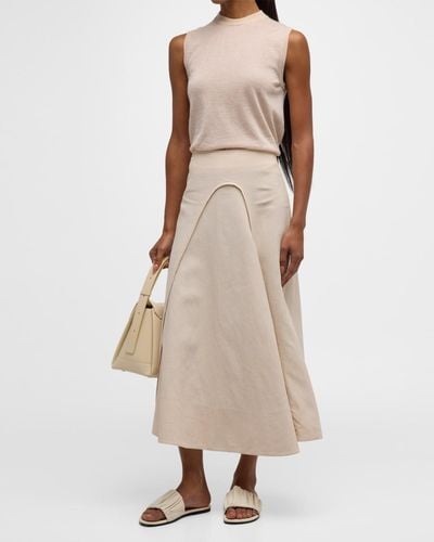 Co. Curved-Seam A-Line Linen Midi Skirt - Natural