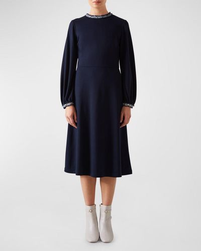 LK Bennett Yvonne Tweed-Trim Blouson-Sleeve Midi Dress - Blue