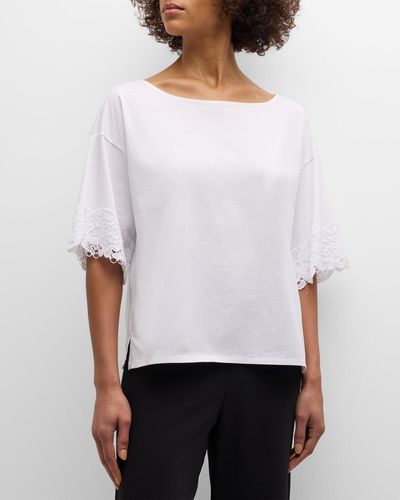 Natori Bliss Harmony Lace-Trim Elbow-Sleeve T-Shirt - White