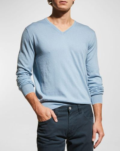 Neiman Marcus Extra Lightweight Wool-Cashmere V-Neck Sweater - Blue