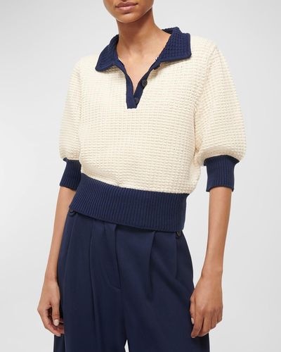 STAUD Altea Two-Tone Waffle-Knit Short-Sleeve Polo Sweater - Blue