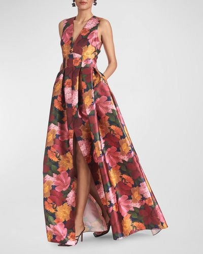 Sachin & Babi Brooke Pleated Floral-Print Mikado Gown - Red