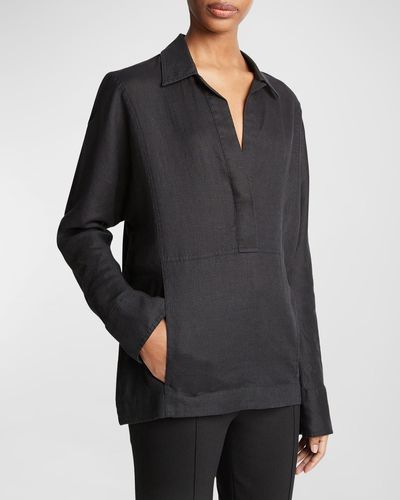 Vince Kangaroo Pocket Long-Sleeve Linen Pullover Top - Black