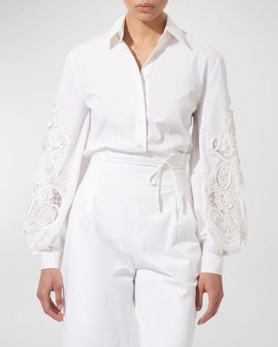 Carolina Herrera Embroidered Puff-Sleeve Button-Front Blouse - White