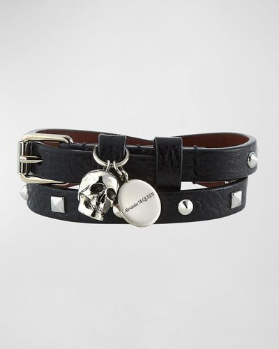 Alexander McQueen Studded Leather Wrap Bracelet W/ Charms - Black