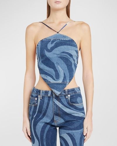 Emilio Pucci Swirl-Print Strappy Backless Crop Halter Top - Blue