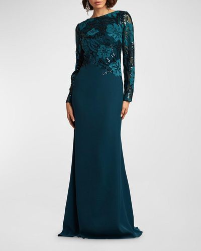 Tadashi Shoji Two-Tone Embroidered Sequin Crepe Gown - Blue
