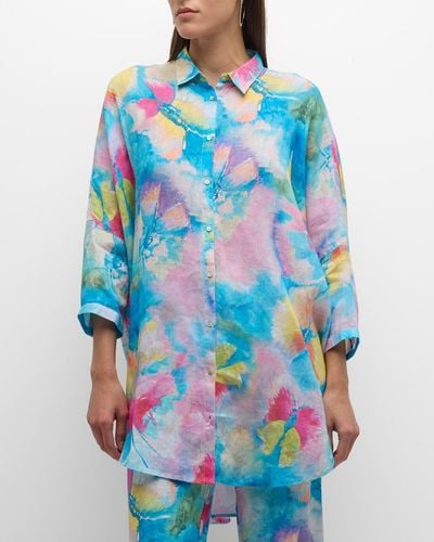 120% Lino Oversized Butterfly-Print Linen Shirt - Blue