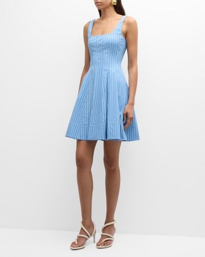 STAUD Wells Pinstripe Cotton Poplin Sleeveless Mini Dress - Blue