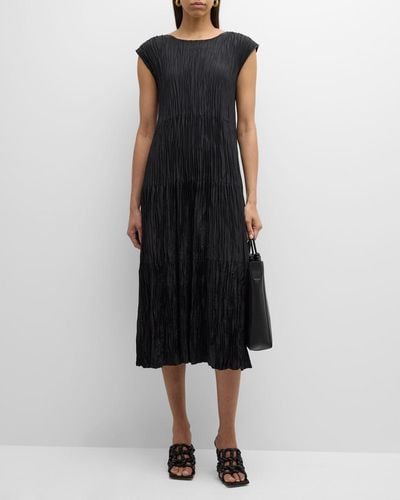 Eileen Fisher Tiered A-Line Crinkled Silk Midi Dress - Black