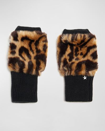 Jocelyn Leopard Print Faux Fur Fingerless Gloves - Black
