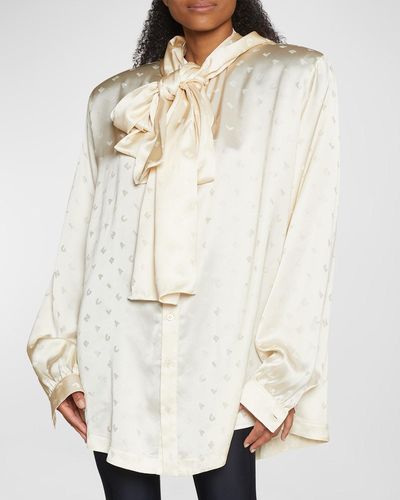 Balenciaga Tie-neck Hooded Blouse With Logo Print - Natural
