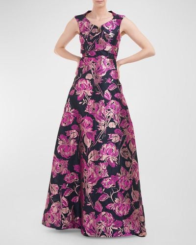 Kay Unger Sleeveless Draped Floral Jacquard Gown - Purple