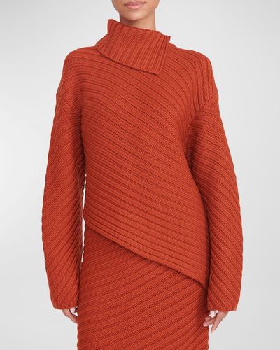 STAUD Engrave Merino Wool Asymmetric Sweater - Red