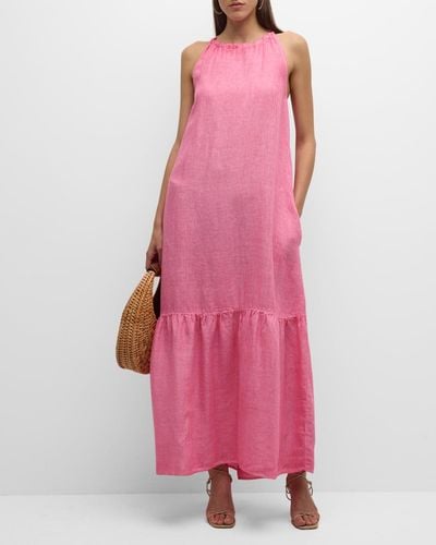 120% Lino Sleeveless Linen Halter Maxi Dress - Pink