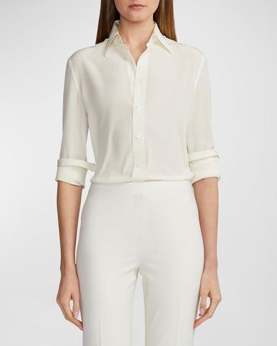 Ralph Lauren Collection Hailey Silk Long-Sleeve Collared Shirt - White