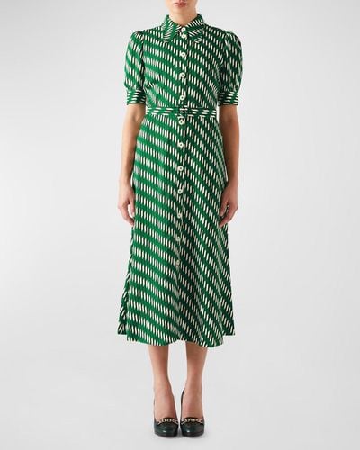 LK Bennett Valerie Belted Geometric-Print Midi Shirtdress - Green