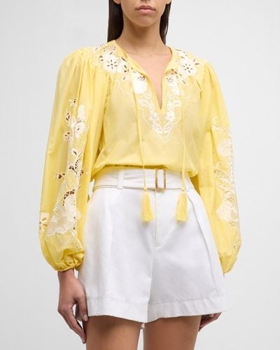 Kobi Halperin Gloria Floral-Embroidered Blouson-Sleeve Blouse - Yellow