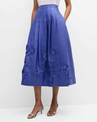 Natori Pleated A-line Floral Applique Midi Skirt - Blue