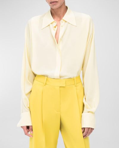 Another Tomorrow Convertible Pleated Silk Wrap Shirt - Yellow