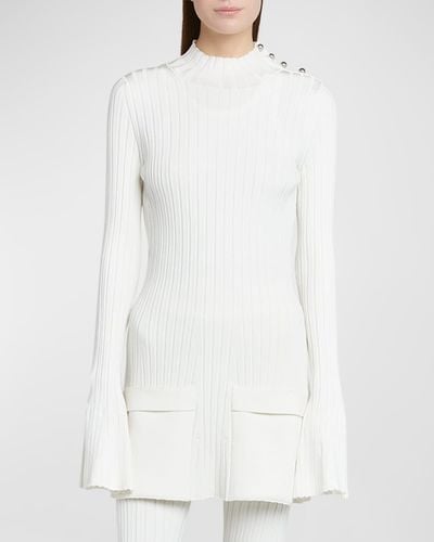 Stella McCartney Button-Shoulder Long-Sleeve Rib Mini Sweater Dress - White
