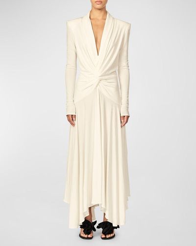 Interior Aria Plunging Twisted Strong-Shoulder Long-Sleeve Maxi Dress - Natural
