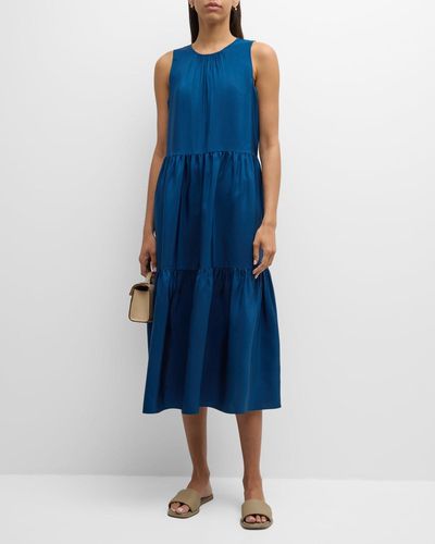 Eileen Fisher Tiered Sleeveless Washed Silk Midi Dress - Blue