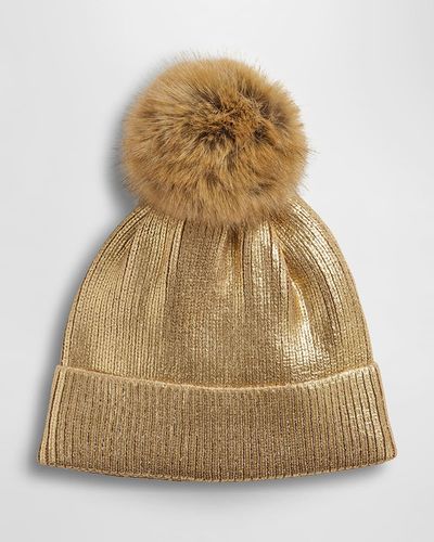 Fabulous Furs Metallic Ribbed Beanie With Faux Fur Pom - Natural