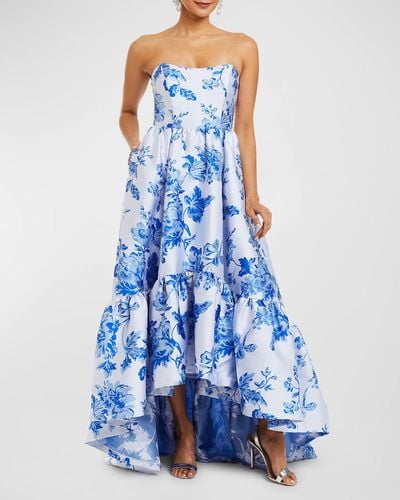 mestiza Georgiana Strapless Floral-Print High-Low Gown - Blue