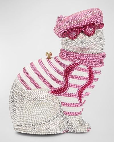 Judith Leiber Cat With Beret Crystal Clutch Bag - Pink