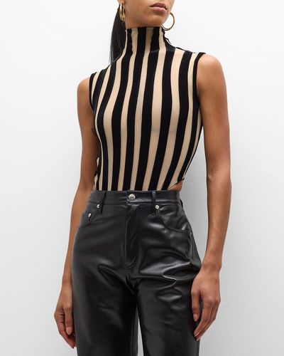 LAQUAN SMITH Mock-neck Sleeveless Velvet-striped Sheer Bodysuit - Black