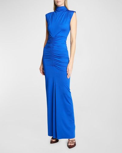Victoria Beckham Ruched High-Neck Jersey Gown - Blue