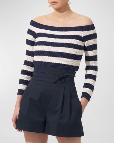 Carolina Herrera Off-The-Shoulder Long-Sleeve Striped Knit Top - Blue